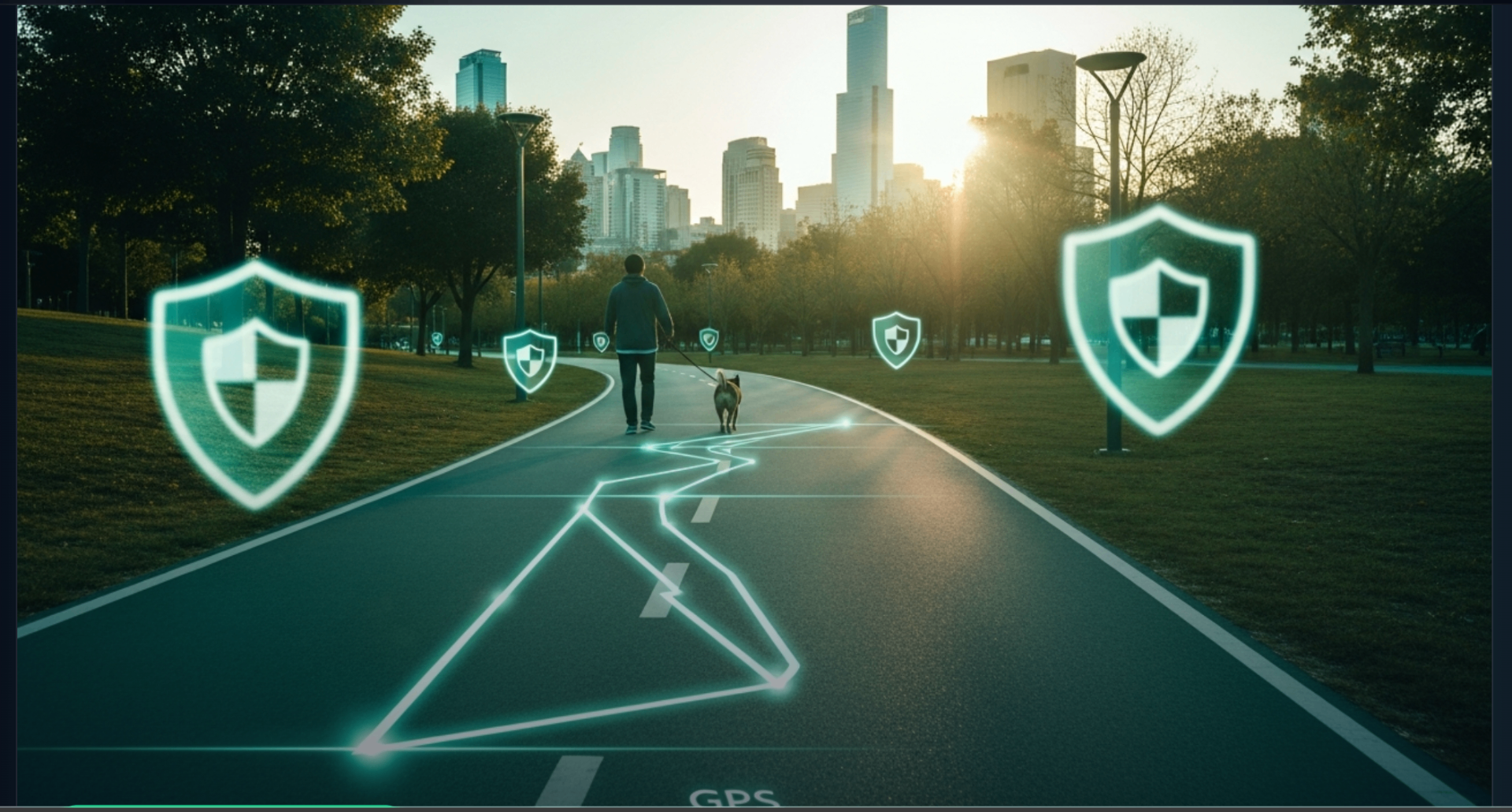 Person walking a dog with a glowing GPS safety network